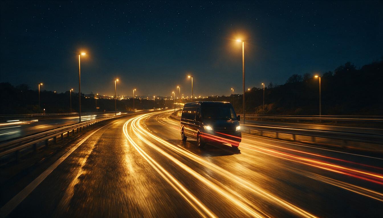Goldene Lichtspuren auf nächtlicher Autobahn